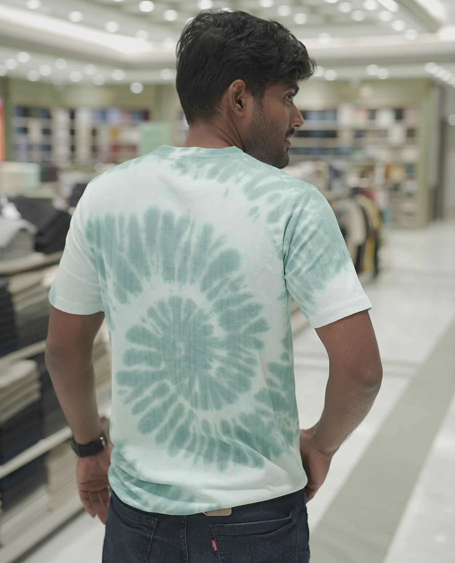 Aqua Blue Cotton-Blended T-Shirt, Subtly Designed with Tie-Dye Style Shibori Print, Comes with a Crew-Neck, Half-Sleeves, Slim Fit, and Regular Length - Image 3