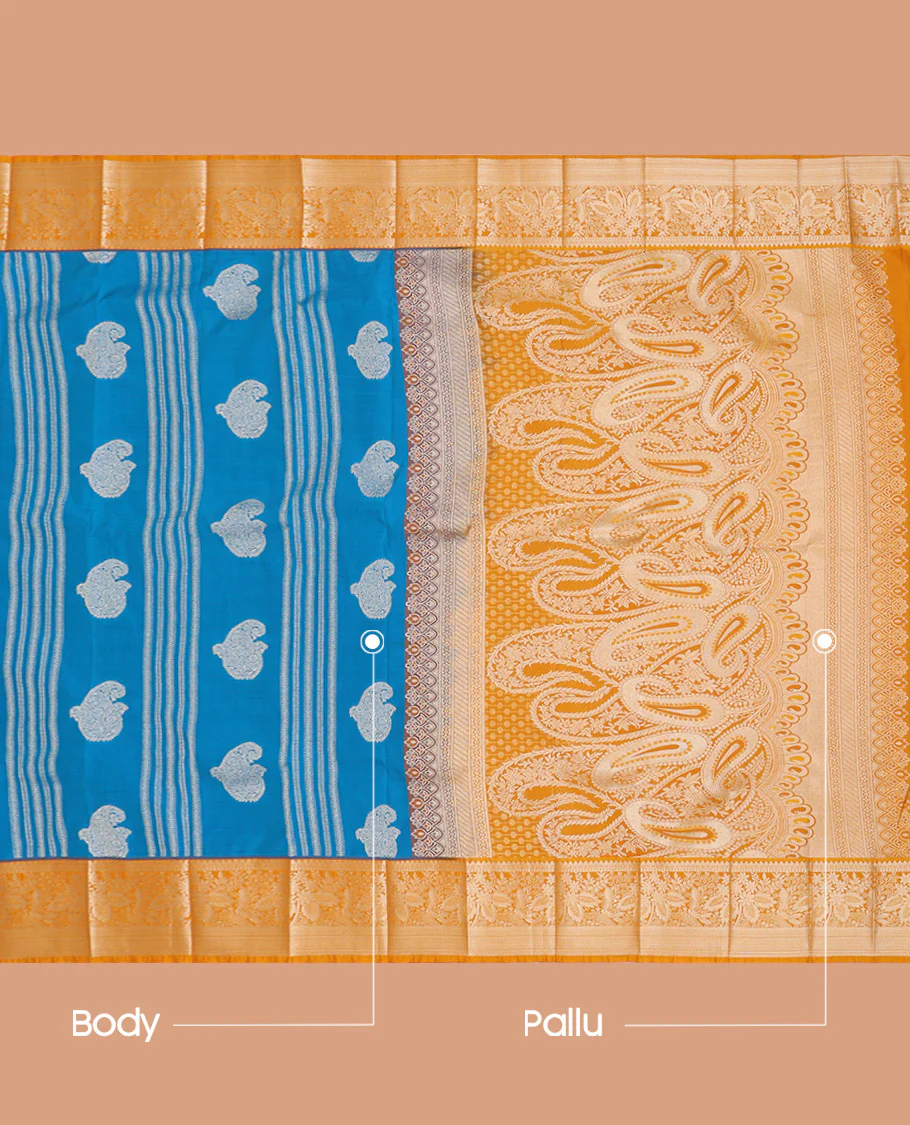 Azure Blue Budget Silk Saree Enriched with Paisley Buttas and Stripes All Over Its Body, Complemented by a Contrast Traditional Border of Floral Designs, Gracefully Embellished Pallu of Paisleys, and Paired with a Contrast Blouse - Image 3