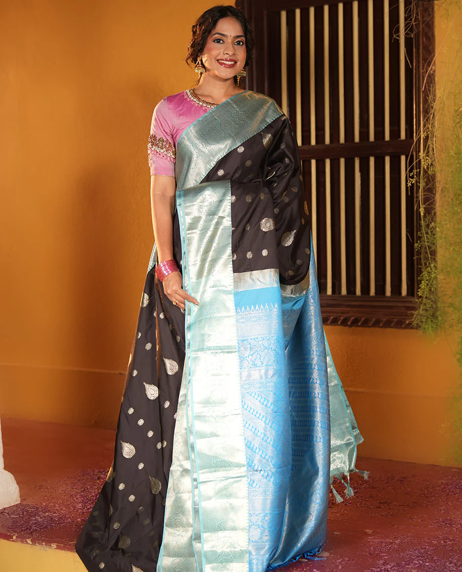 Black and Light Blue Budget Silk Saree, Ornamented with Zari Buttas on Its Body, Complemented by a Contrast Traditional Zari Design Border of Paisleys, Pallu Steeped with Paisley Designs, and Paired with a Contrast Blouse - Image 3