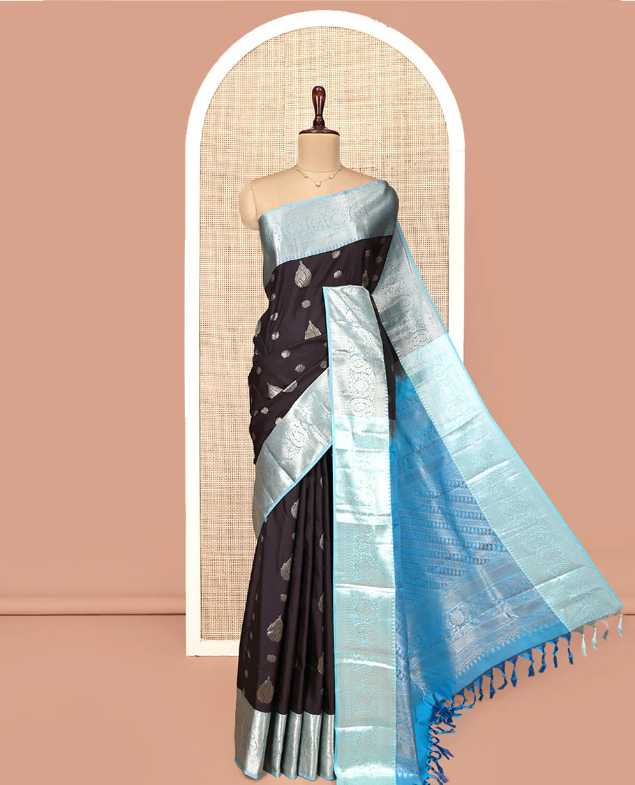 Black and Light Blue Budget Silk Saree, Ornamented with Zari Buttas on Its Body, Complemented by a Contrast Traditional Zari Design Border of Paisleys, Pallu Steeped with Paisley Designs, and Paired with a Contrast Blouse - Image 4
