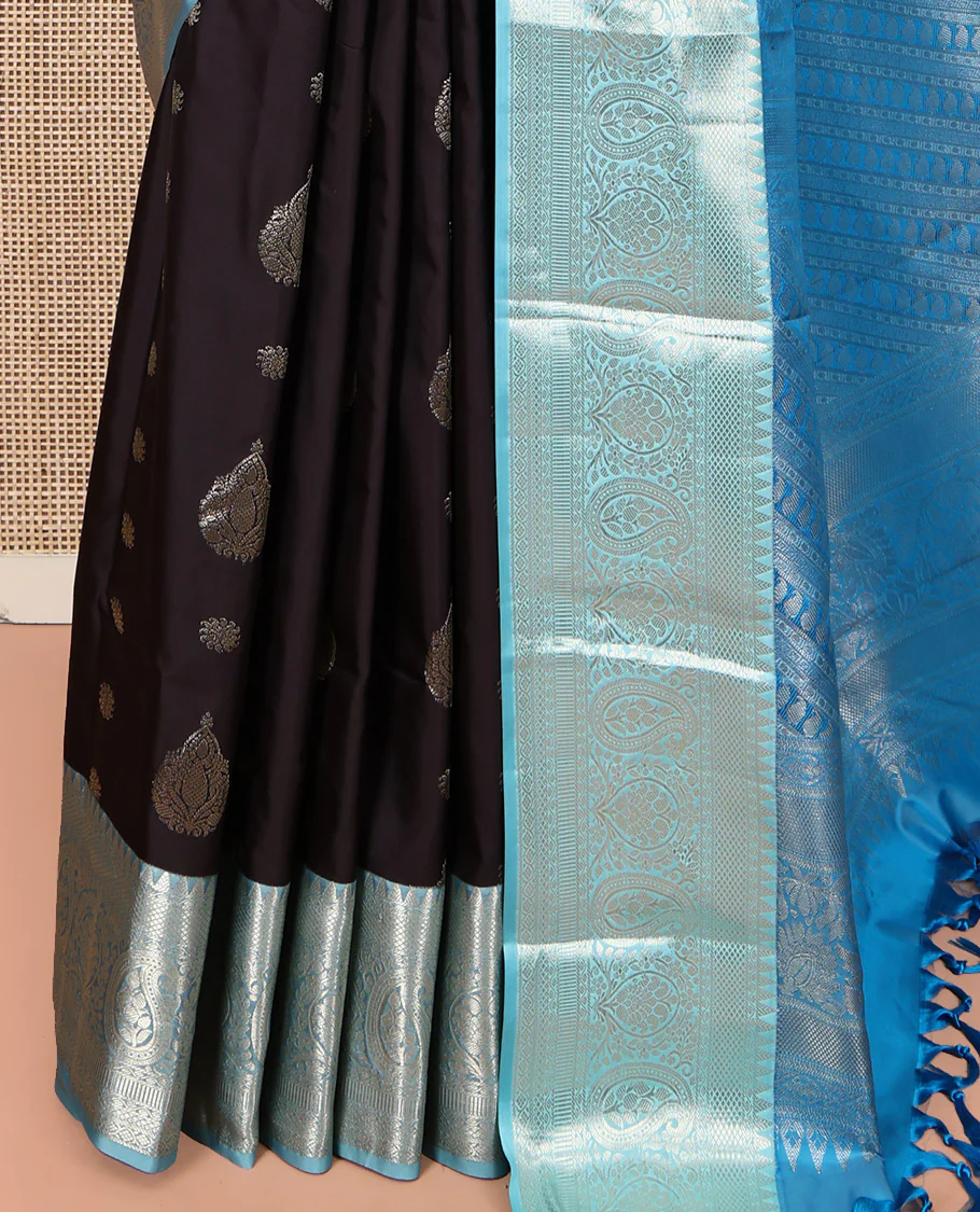 Black and Light Blue Budget Silk Saree, Ornamented with Zari Buttas on Its Body, Complemented by a Contrast Traditional Zari Design Border of Paisleys, Pallu Steeped with Paisley Designs, and Paired with a Contrast Blouse - Image 6
