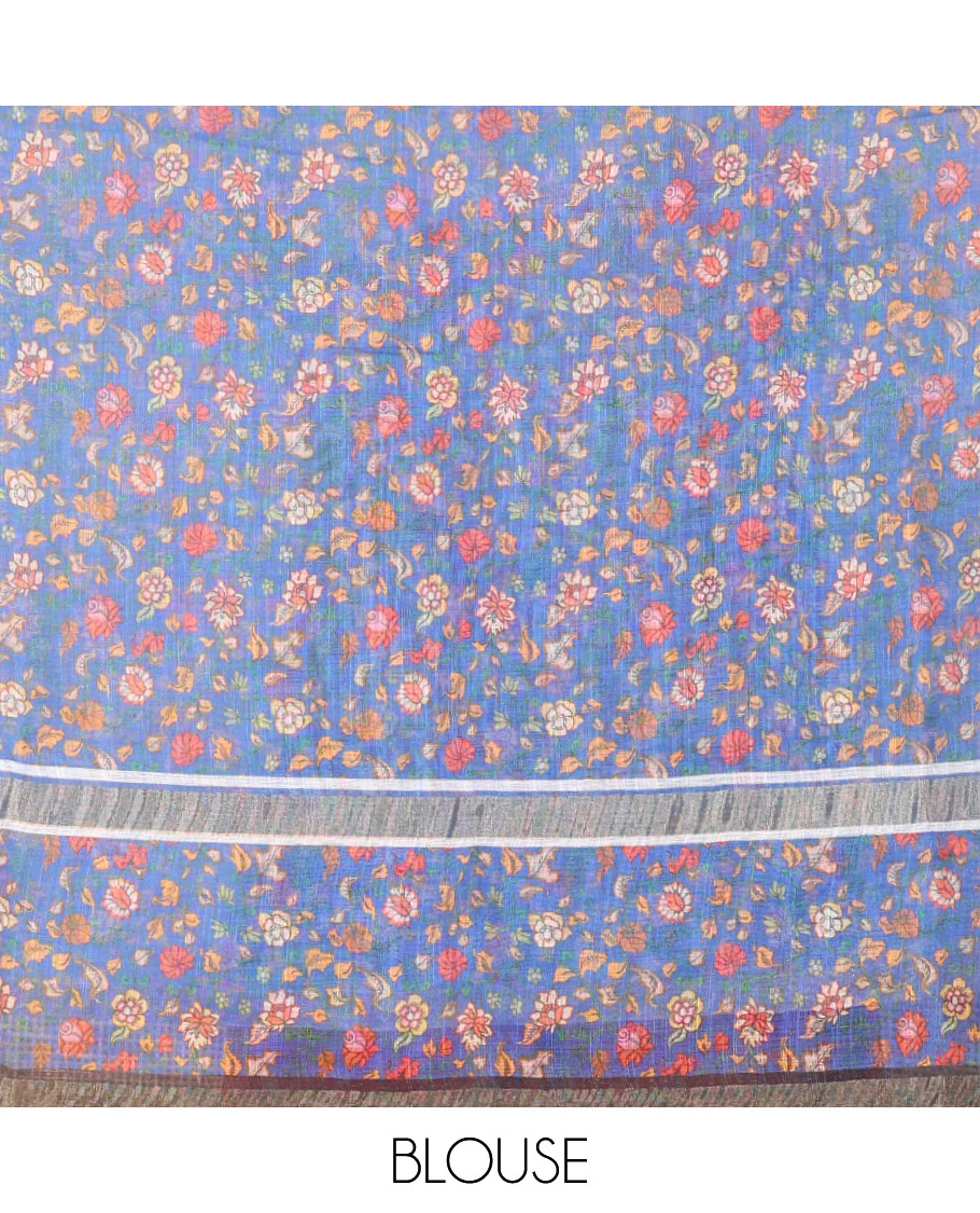 Black Linen Saree Adorned with Leaf Motifs All Over Its Body, Complemented by a Contrast Floral Vine Printed Border, Pallu Mirrors the Floral Vine Print, and Paired with a Contrast Floral Printed Blouse - Image 3