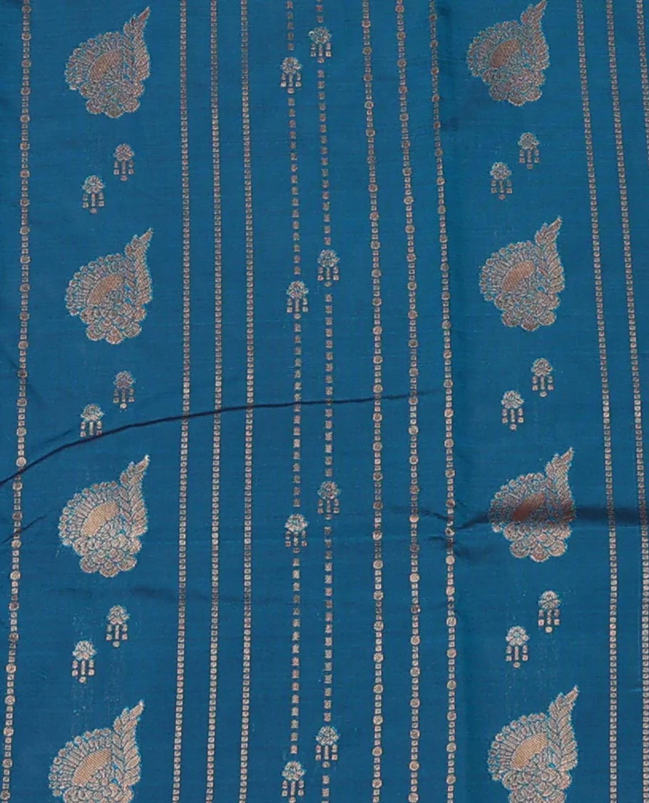 Blue Art Silk Pavadai Material Set, Delicately Designed with Zari Designs Skirt, Complemented by a Contrast Traditional Zari Motifs Woven Border, and Paired with a Contrast Blouse - Image 3