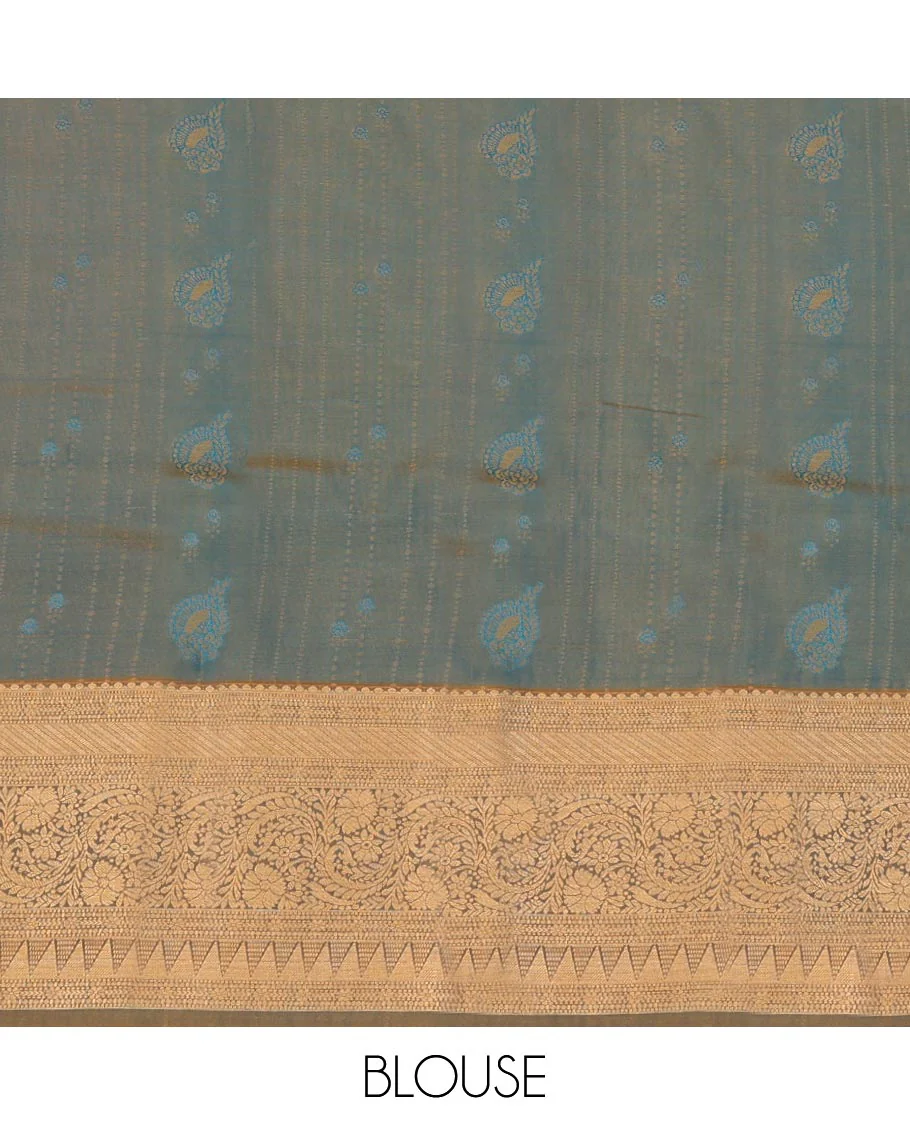 Blue Art Silk Pavadai Material Set, Delicately Designed with Zari Designs Skirt, Complemented by a Contrast Traditional Zari Motifs Woven Border, and Paired with a Contrast Blouse - Image 4