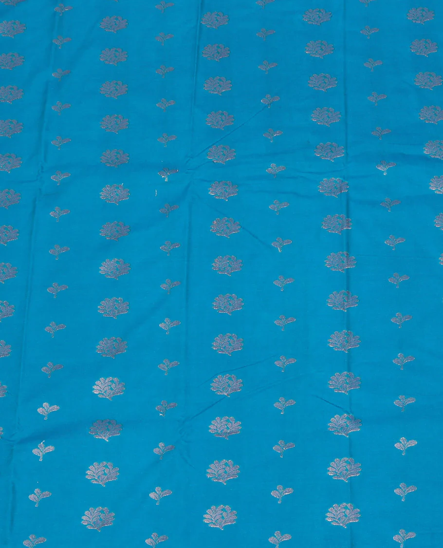 Blue Art Silk Pavadai Material Set, Woven with Floral Zari Buttas All Over Its Skirt, Highlighted with a Contrast Floral Jaal Zari Design Border, and Paired with a Contrast Blouse - Image 3