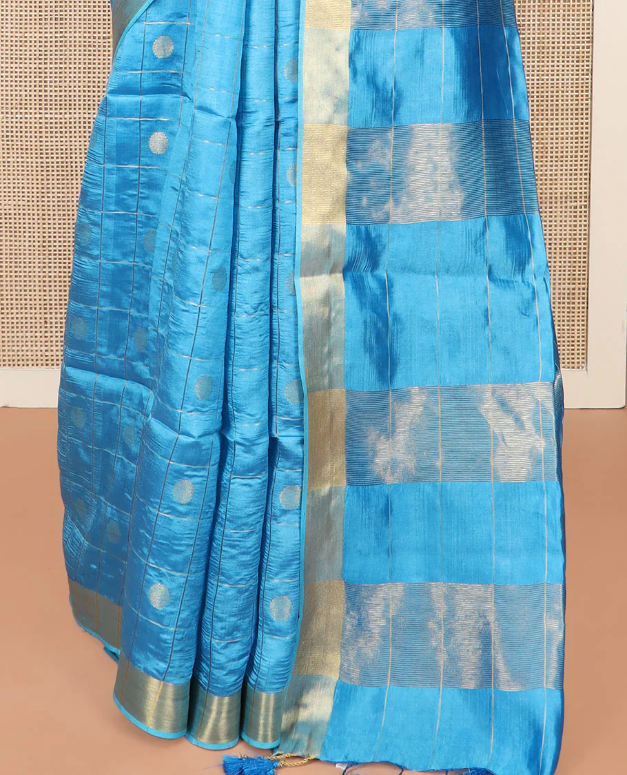 Blue Banana Pith Saree Detailed with Polka Dot Buttas Enclosed Checks, Subtle Zari Border, Gleaming Zari Stripes Woven Pallu, and Paired with a Matching Plain Blouse - Image 4