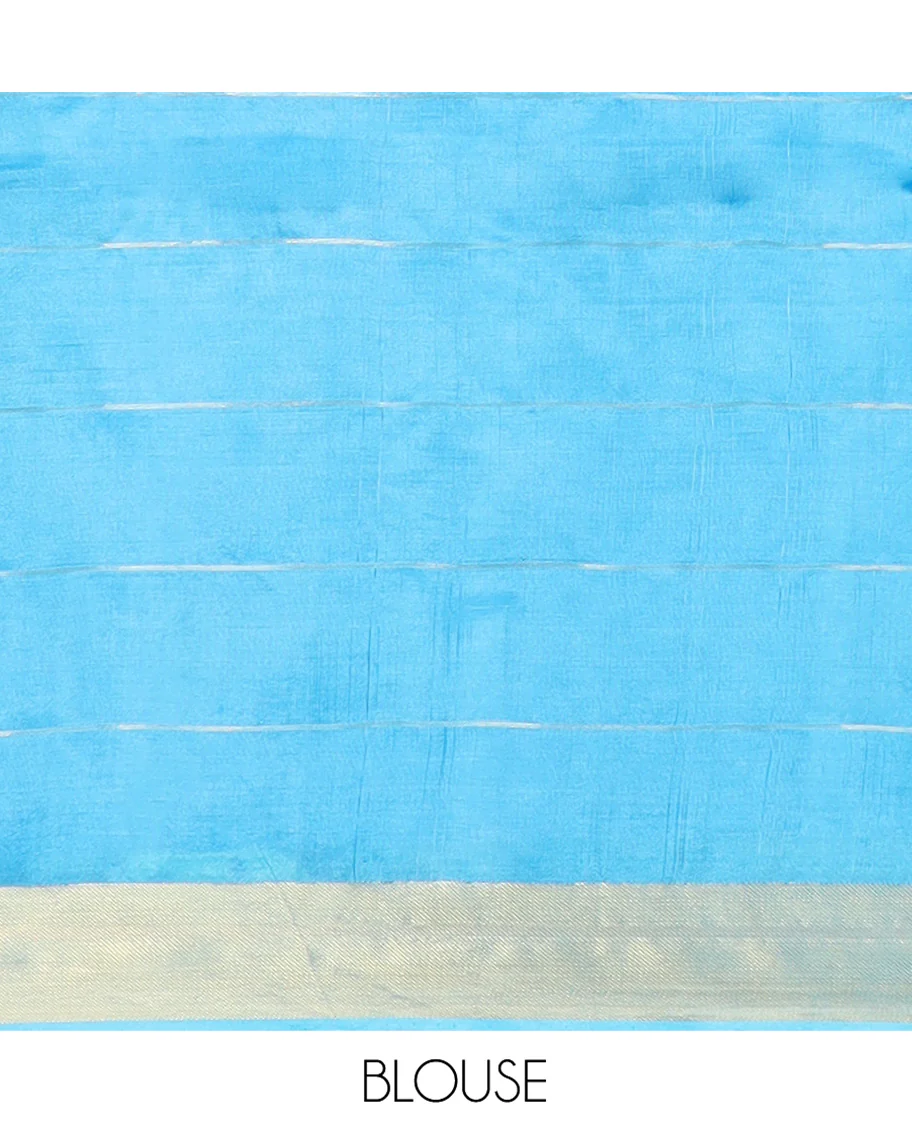 Blue Banana Pith Saree Detailed with Polka Dot Buttas Enclosed Checks, Subtle Zari Border, Gleaming Zari Stripes Woven Pallu, and Paired with a Matching Plain Blouse - Image 5