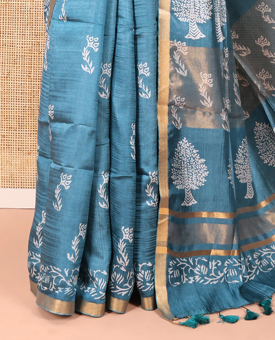 Blue Banana Pith Saree Graced with Floral Motifs Discharge Print All Over Its Body, Zari Bavanji Border, Pallu Subtly Woven in Floral-Tree Print and Zari Weave, and Paired with a Matching Blouse - Image 3