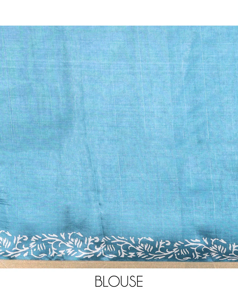 Blue Banana Pith Saree Graced with Floral Motifs Discharge Print All Over Its Body, Zari Bavanji Border, Pallu Subtly Woven in Floral-Tree Print and Zari Weave, and Paired with a Matching Blouse - Image 4