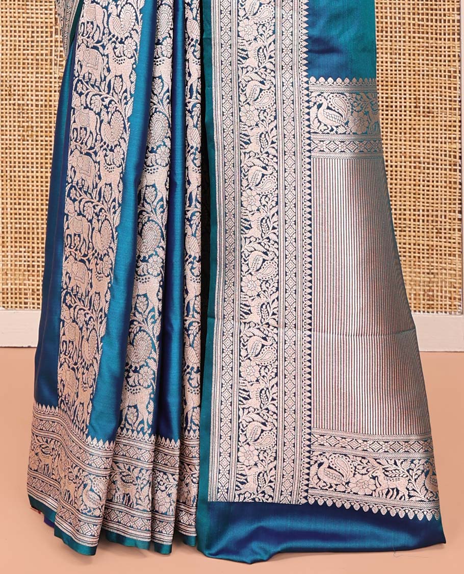 Blue Banarasi Silk Saree, Majestically Detailed with Floral and Animal Motifs on Its Body, Highlighted by a Self-Border of Traditional Designs, Pallu of Stripes, and Paired with a Matching Blouse - Image 4