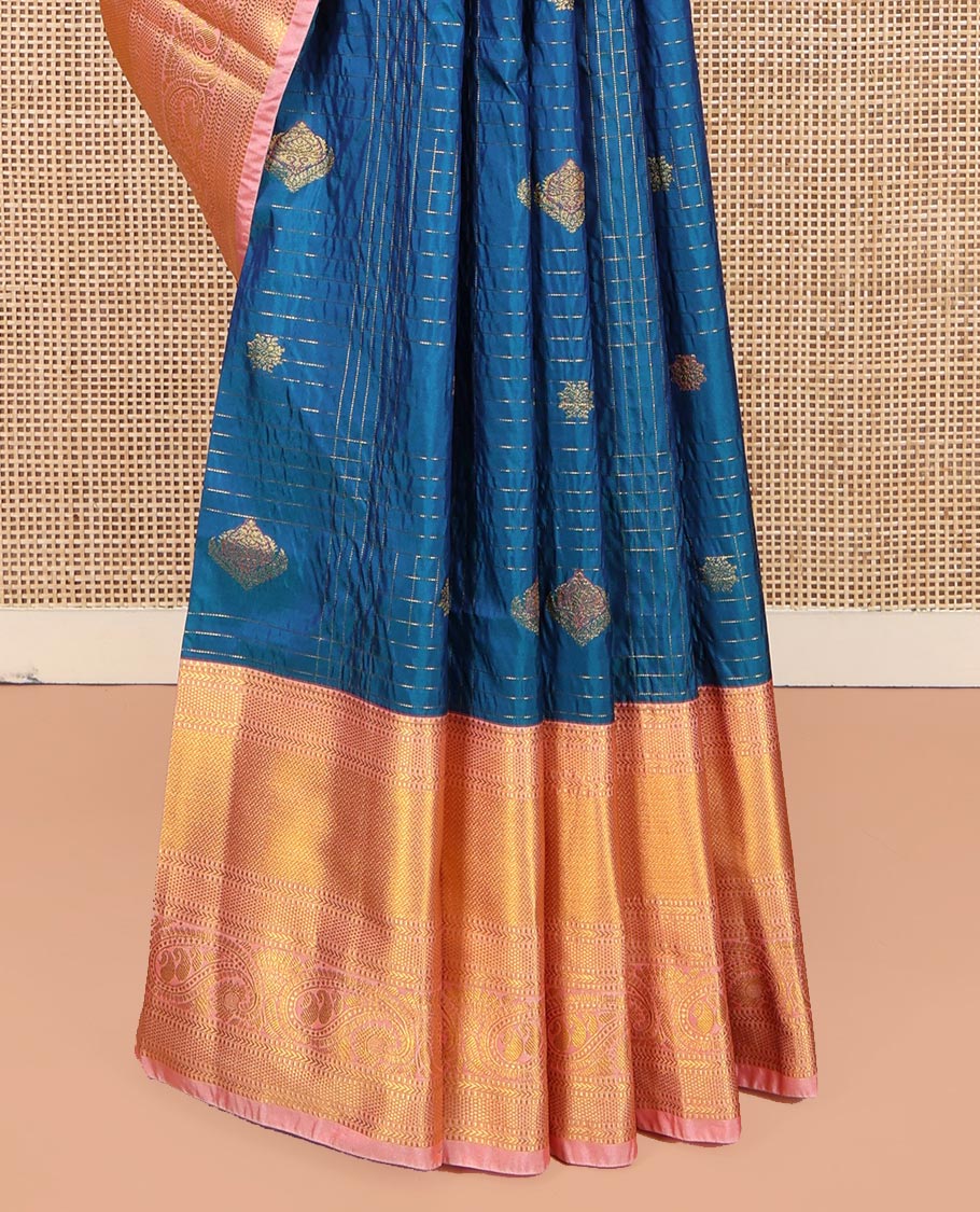 Blue Budget Silk Saree, Gracefully Embellished with Zari Butta Enclosed Checks on Its Body, Complemented by Contrast Traditional Zari Border of Paisley Designs, Grand Jaal Pallu, and Paired with a Contrast Blouse - Image 3