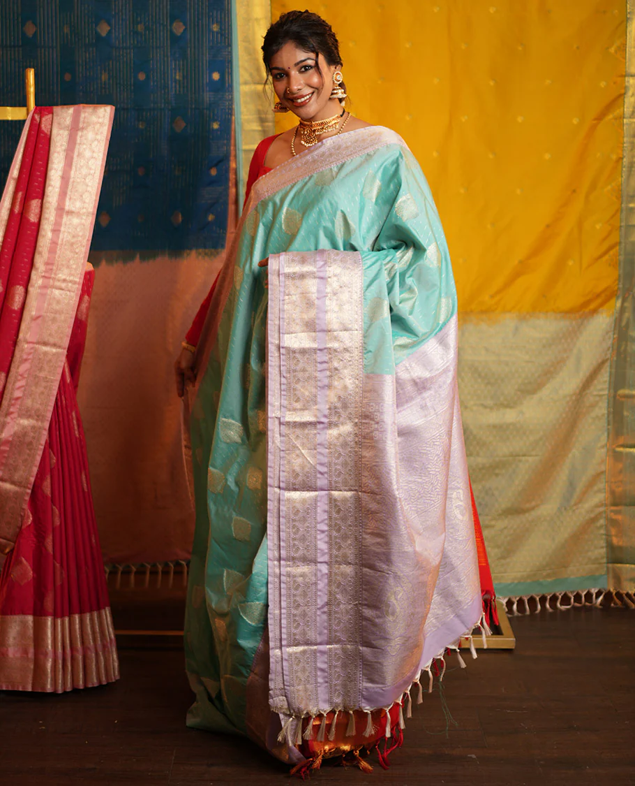 Blue Budget Silk Saree, Steeped in the Richness of Zari Buttas All Over Its Body, Complemented by Contrast Varisai Pettu Traditional Zari Design Border, an Intricately Designed Pallu, and Paired with a Contrast Blouse - Image 4