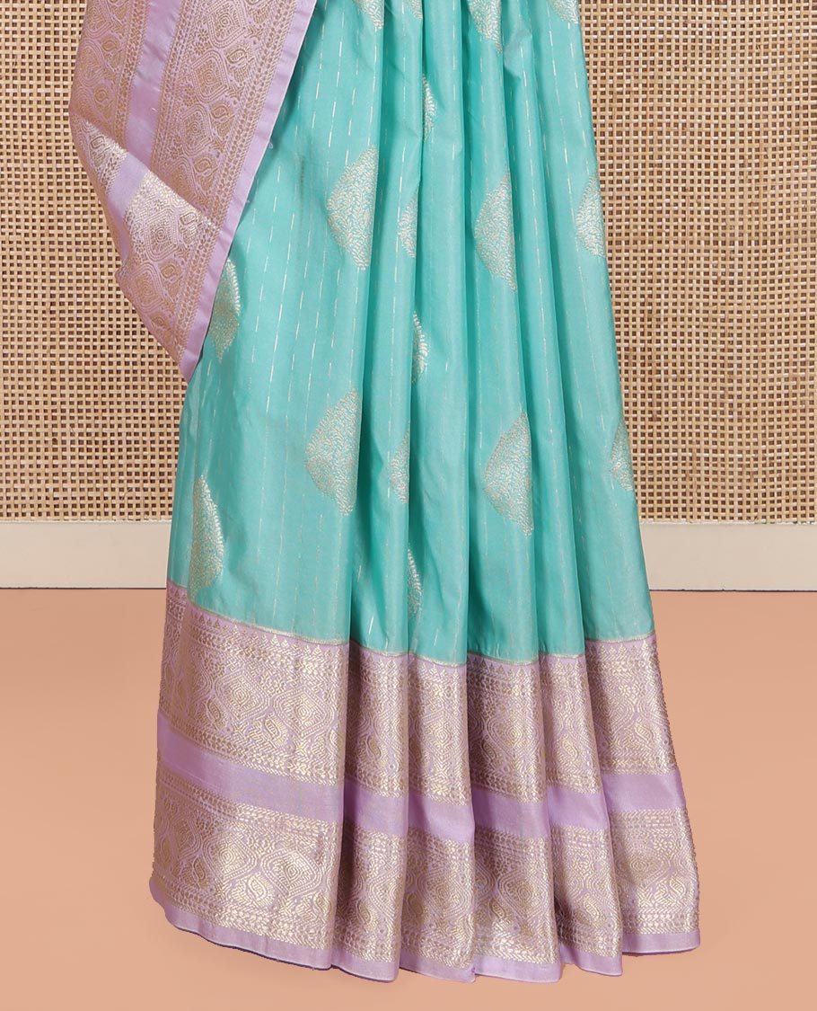 Blue Budget Silk Saree, Steeped in the Richness of Zari Buttas All Over Its Body, Complemented by Contrast Varisai Pettu Traditional Zari Design Border, an Intricately Designed Pallu, and Paired with a Contrast Blouse - Image 7