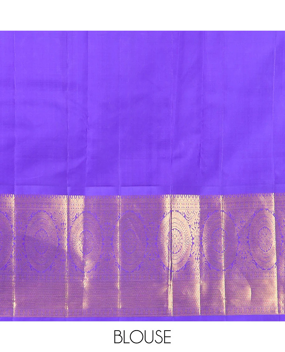Blue chakram buttas Kanchipuram silk saree, contrast border of muthu, rudraksham,  poo chakram, and mayil kann designs, and chakram motifs pallu - Image 6