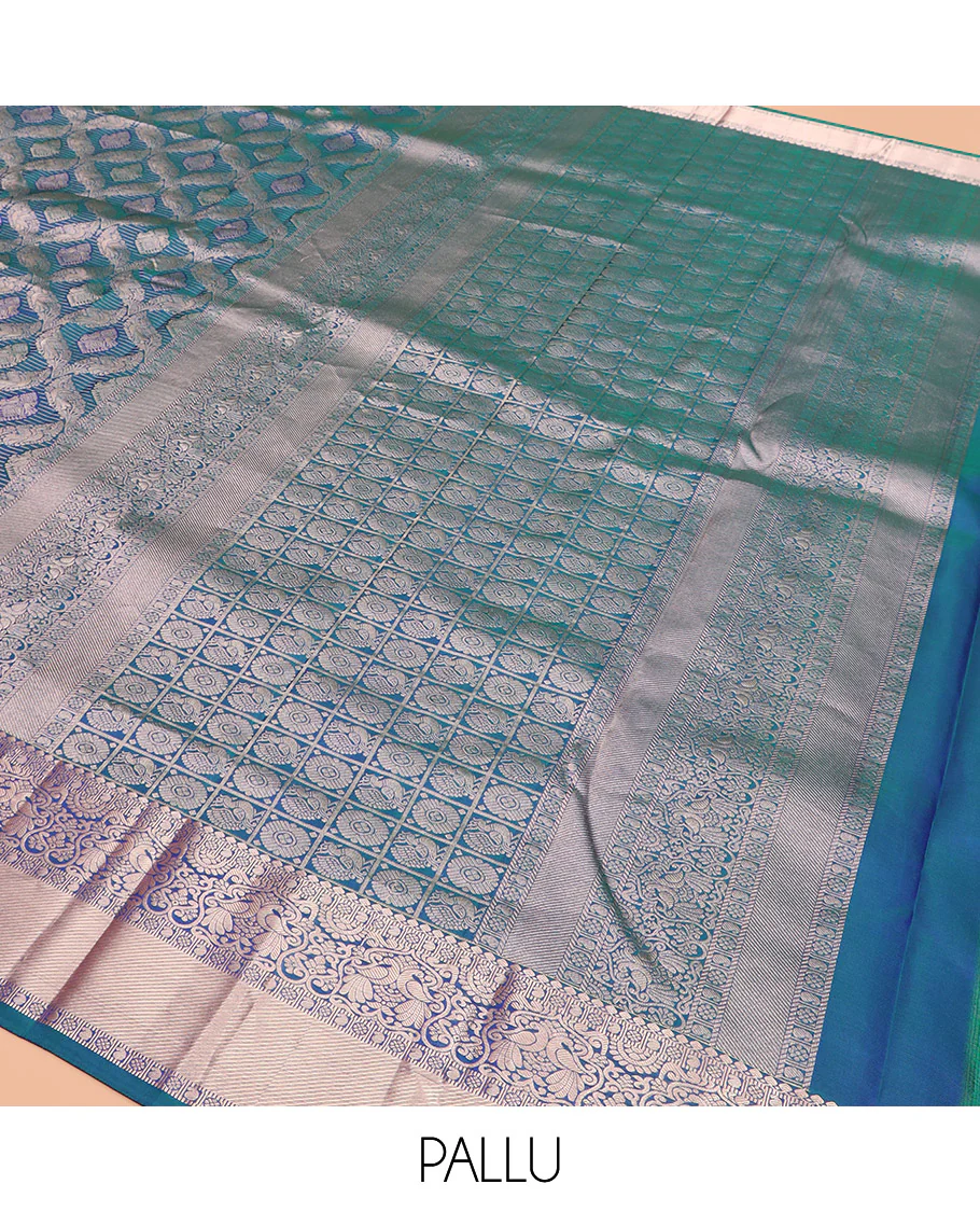 Blue Kanchipuram Wedding Silk Saree Graced with Ogee Jacquard Design, Complemented by Zari Border Featuring Thilakam Mokku, Kamalam, Manga, and Mayil Designs, Opulently Detailed Pallu of Annam Charkam Enclosed Checks, and Paired with a Matching Blouse - Image 5