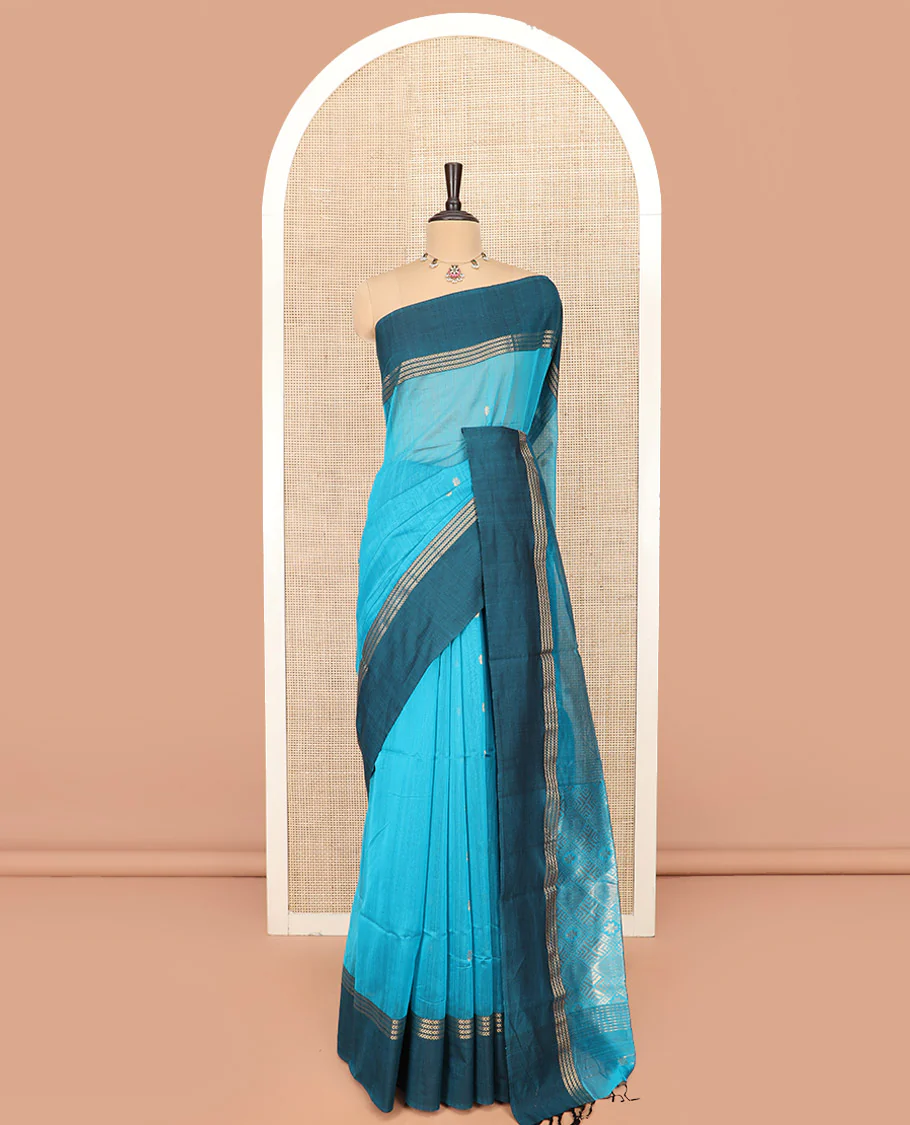 Blue Maheshwari Cotton Saree Adorned with Zari Buttas, Highlighted with Contrast Zari Leaf Striped Border, Pallu Scintillated with Jaal Designs, and Paired with a Matching Blouse - Image 3