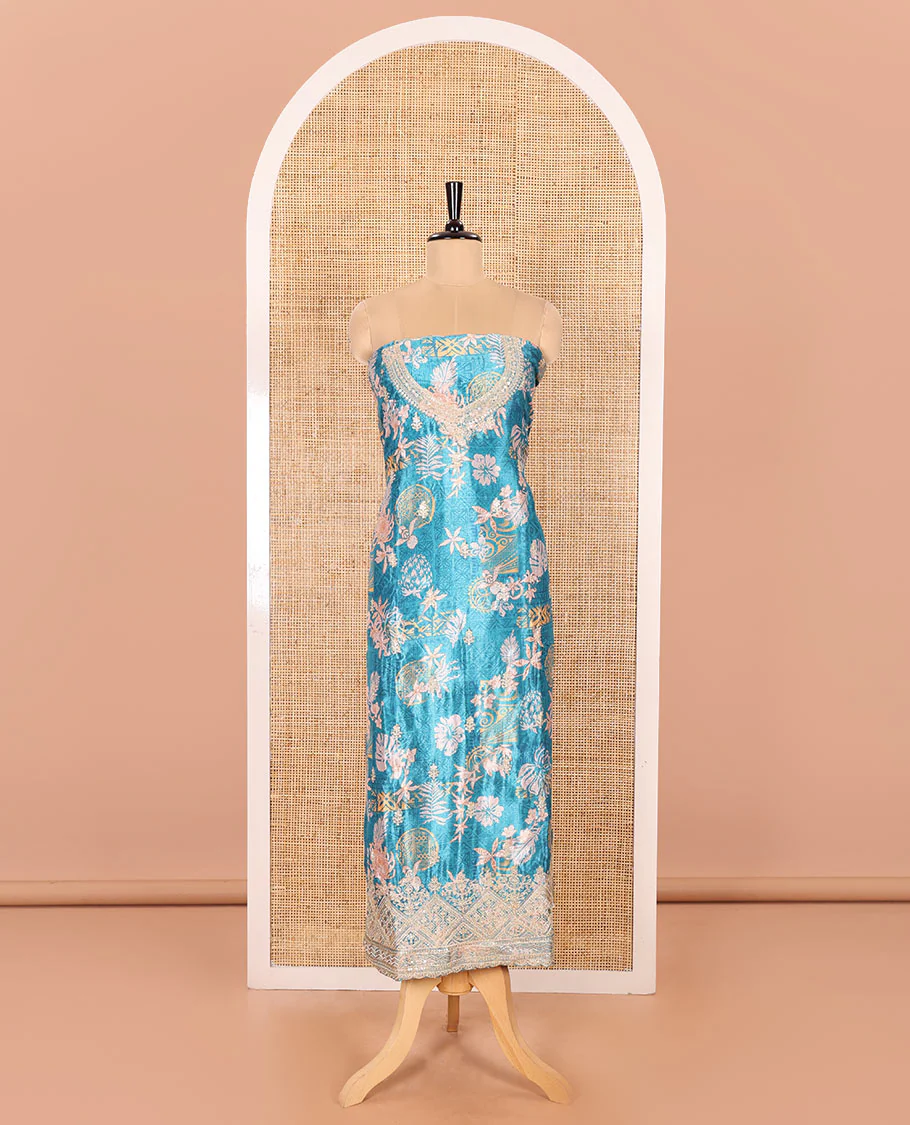Blue Material Chudidar Set Embellished with Floral-Geometric Printed with Neck Embroidered Chinon Top, Subtly Made Plain Santoon Bottom, and a Chinon Dupatta Featuring Printed Border, and Glitter Dots - Image 4