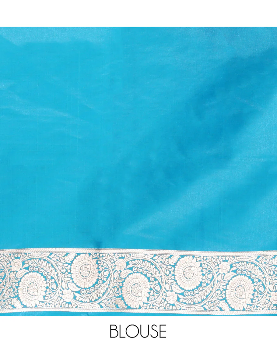 Blue Semi-Banaras Saree, Majestically Detailed with Floral Jaal Jacquard on Its Body, Highlighted by a Floral Creeper Design Border, Intricately Designed Zari Pallu, and Paired with a Matching Blouse - Image 5