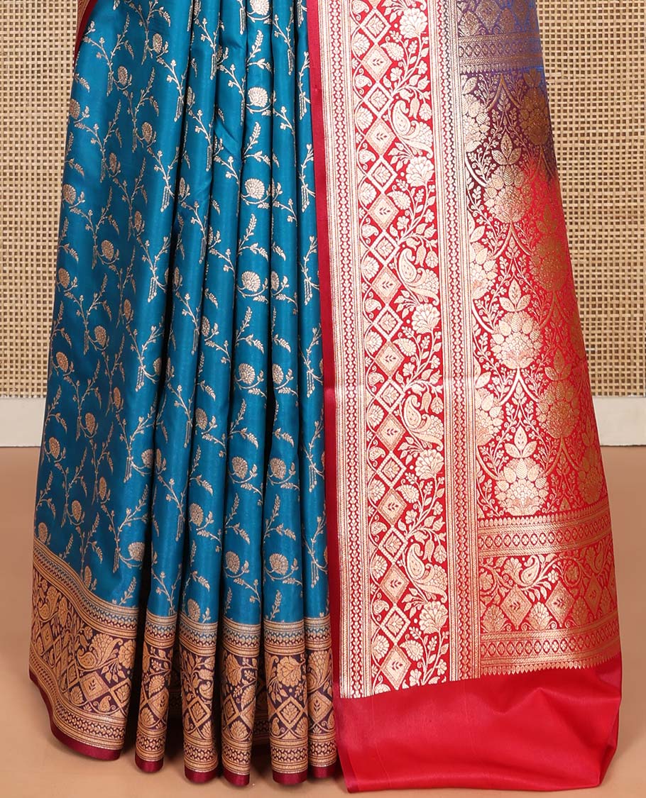 Blue Semi-Banaras Saree, Mesmerized with Jaal Jacquard on Its Body, Complemented by a Contrast Floral, Paisley, and Geometric Design Border, Intricately Designed Pallu, and Paired with a Contrast Blouse - Image 4