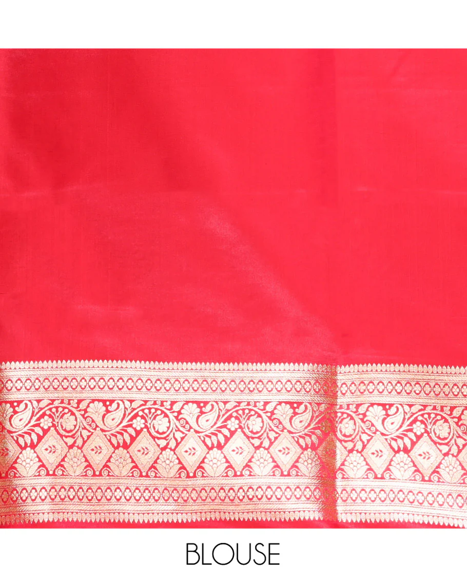 Blue Semi-Banaras Saree, Mesmerized with Jaal Jacquard on Its Body, Complemented by a Contrast Floral, Paisley, and Geometric Design Border, Intricately Designed Pallu, and Paired with a Contrast Blouse - Image 5