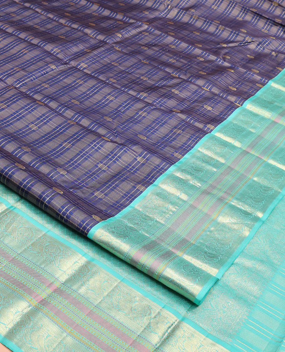Blue Vasundhara Silk Saree, Adorned with Zari Buttas Enclosed Checks All Over Its Body, Complemented by a Contrast Border of Kathir, Muthu, and Rudraksham Designs, Grand Intricate Pallu, and Paired with a Contrast Blouse - Image 9