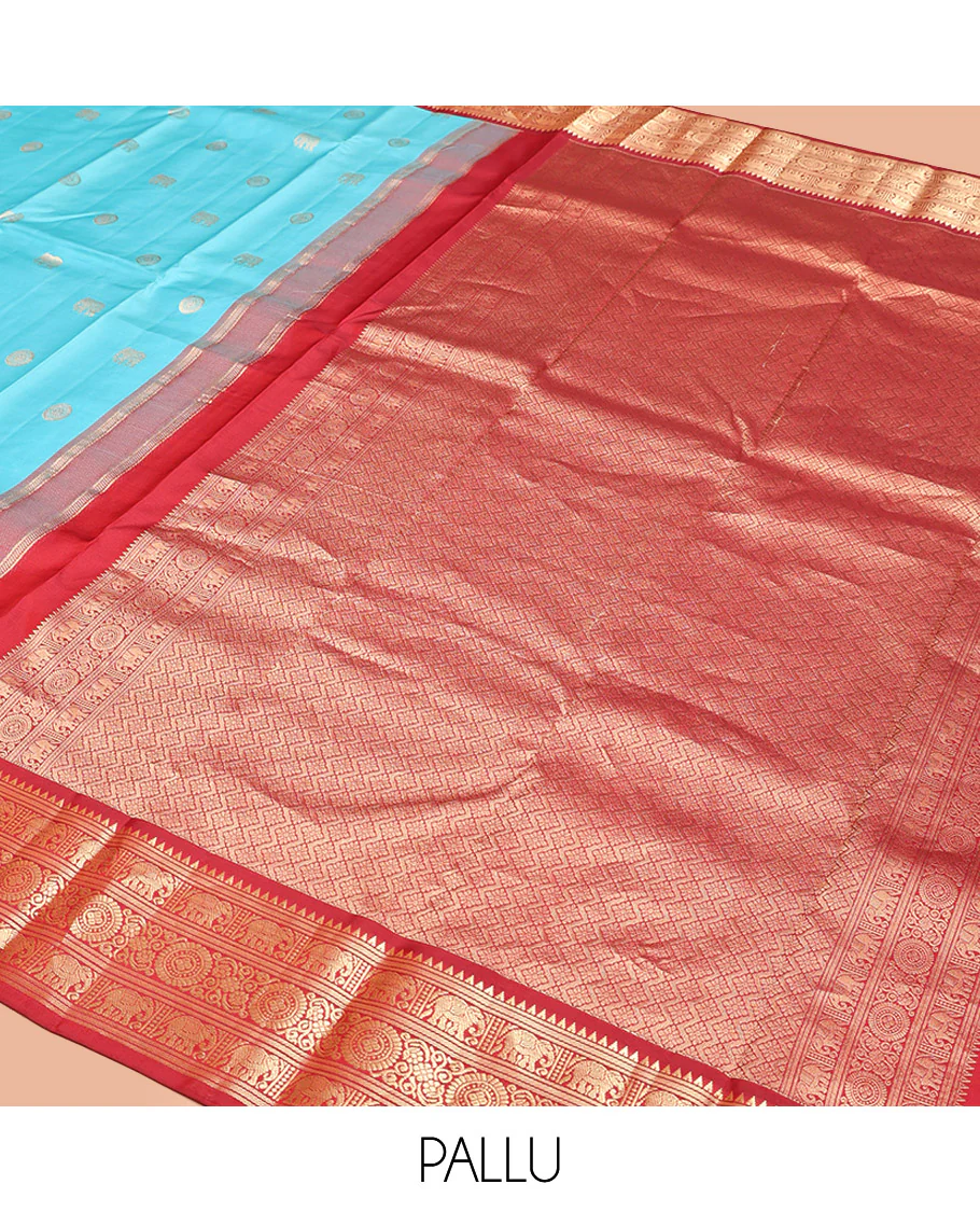 Blue Vasundhara Silk Saree, Embellished with Mayil and Yaanai Buttas Across Its Body, Complemented by a Contrast Korvai Border of Rekku, Banaras, Yaanai, and Chakram Designs, Gleaming Jaal Pallu, and Paired with a Contrast Blouse - Image 10