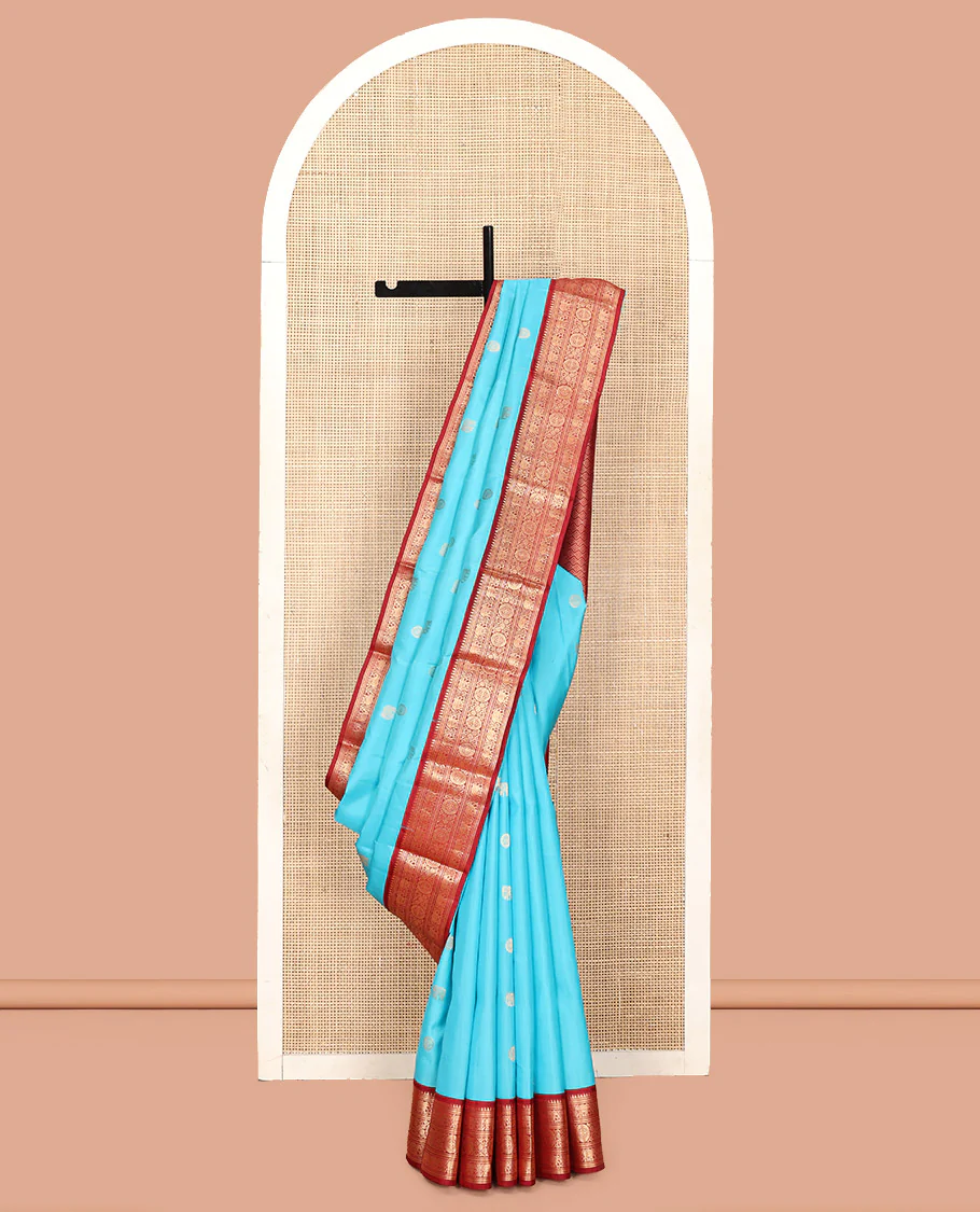 Blue Vasundhara Silk Saree, Embellished with Mayil and Yaanai Buttas Across Its Body, Complemented by a Contrast Korvai Border of Rekku, Banaras, Yaanai, and Chakram Designs, Gleaming Jaal Pallu, and Paired with a Contrast Blouse - Image 6