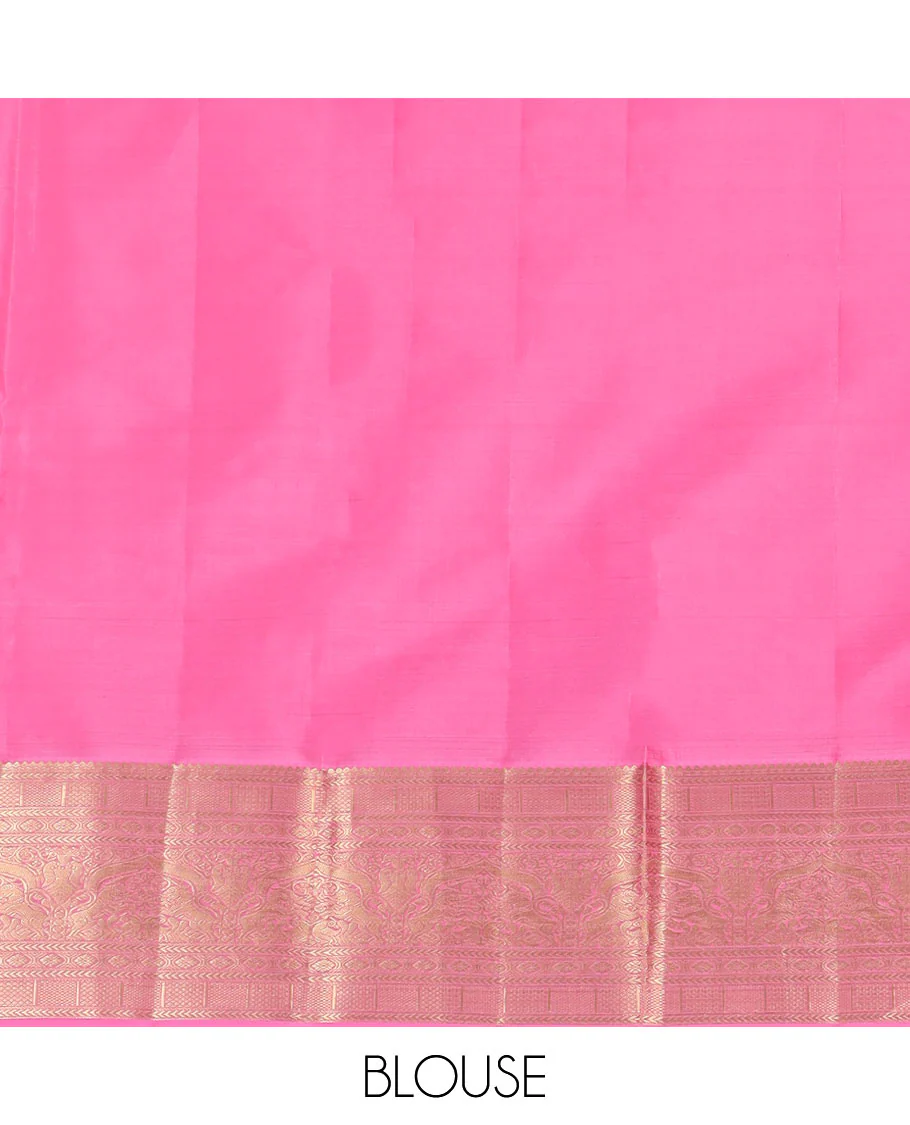 Blue Vasundhara Silk Saree Prettified with Mayil Buttas, Complemented by a Contrast Border of Thilakam, Kathir, Kuyil Kann, Laddu Kamalam, Iru Thalai Pakshi, and Yaali Designs, Pallu Adorned with Geometric Designs, and Paired with a Contrast Blouse - Image 6