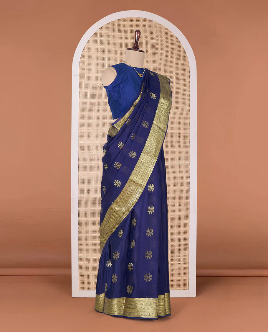 Blue zari buttas Mysore silk saree, traditional zari border, and pallu of jaal design