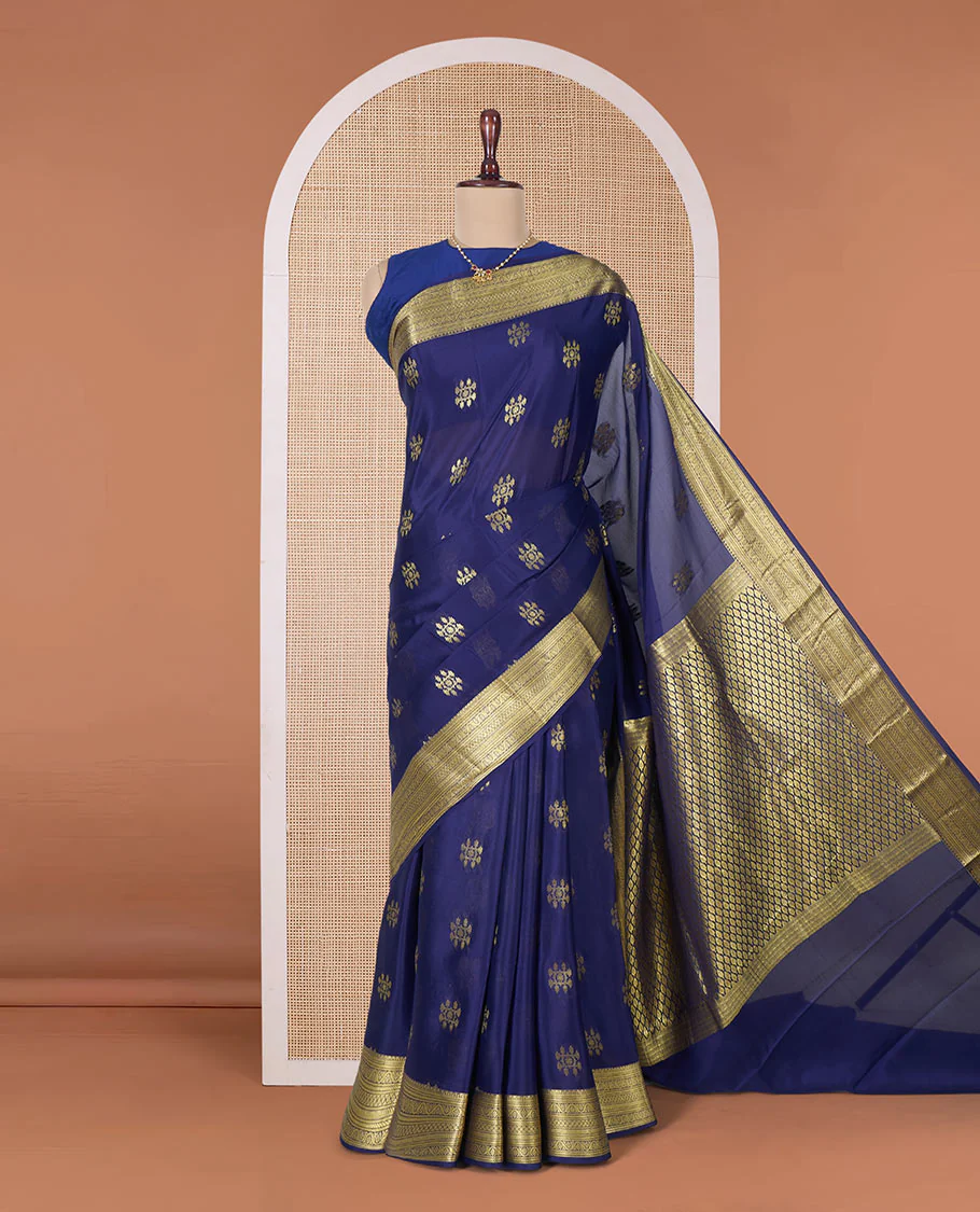Blue zari buttas Mysore silk saree, traditional zari border, and pallu of jaal design - Image 2