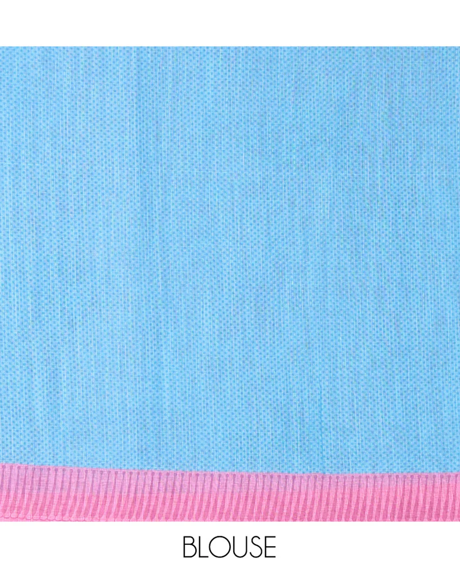 Borderless Cream and Pink Linen Cotton Saree, Bedecked with Half-and-Half Style Fish Motifs Printed All Over Its Body, Pallu Mirrors the Same Print, and Is Paired with a Contrast Blouse - Image 3