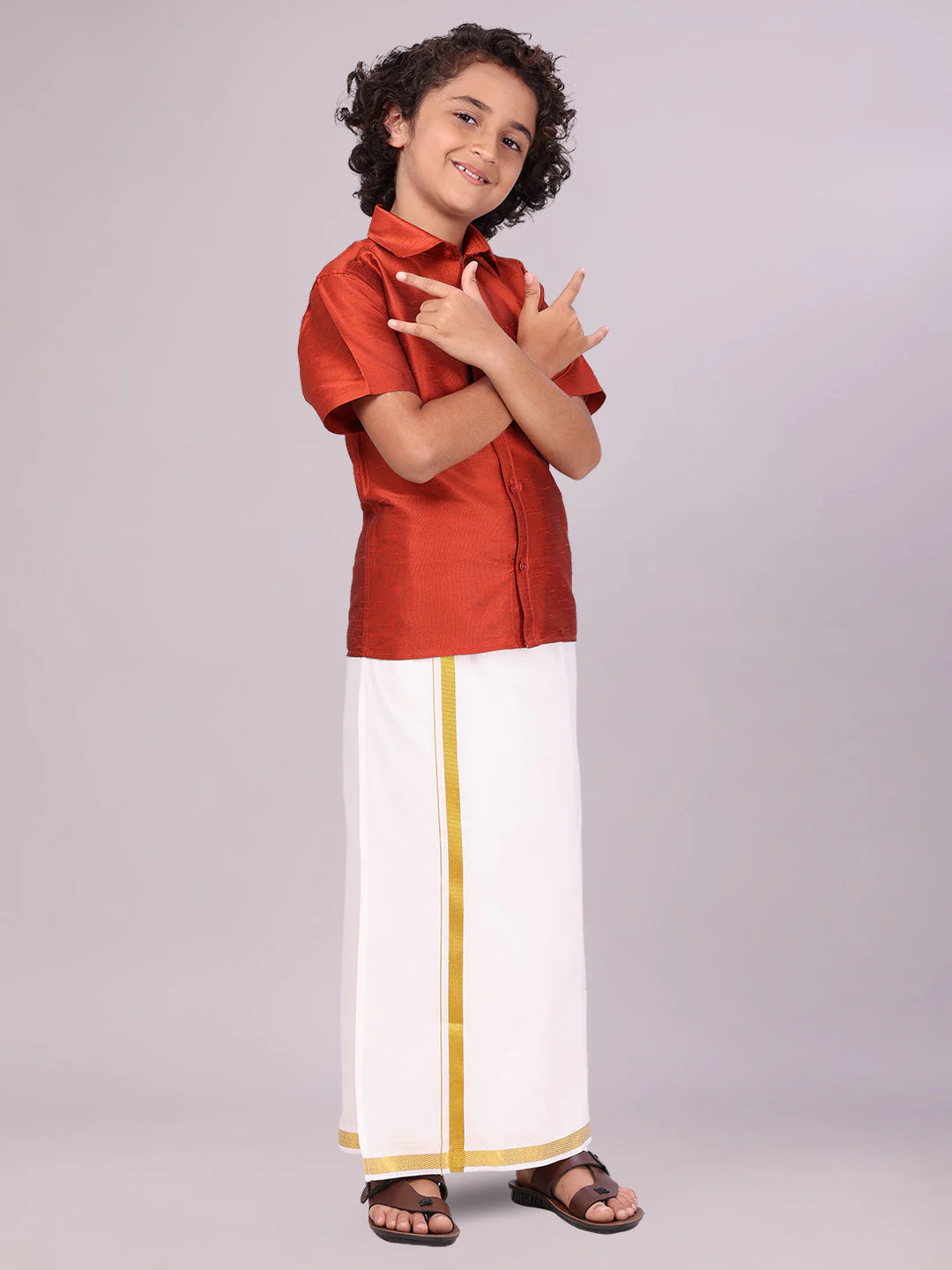 Boys Red Color Half Sleeves Shirt with Gold Jari Flexi Dhoti Adorable Boy - Image 2