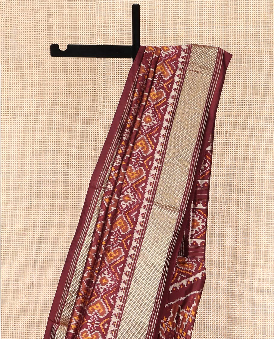 Brown Ikkat Silk Saree, Elevated with Ikkat Checks All Over Its Body, Subtle Border of Jaal Designs, Pallu of Geometric Designs, and Paired with a Matching Blouse - Image 3
