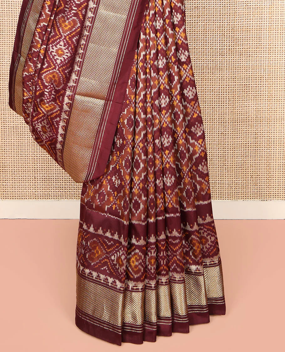 Brown Ikkat Silk Saree, Elevated with Ikkat Checks All Over Its Body, Subtle Border of Jaal Designs, Pallu of Geometric Designs, and Paired with a Matching Blouse - Image 4