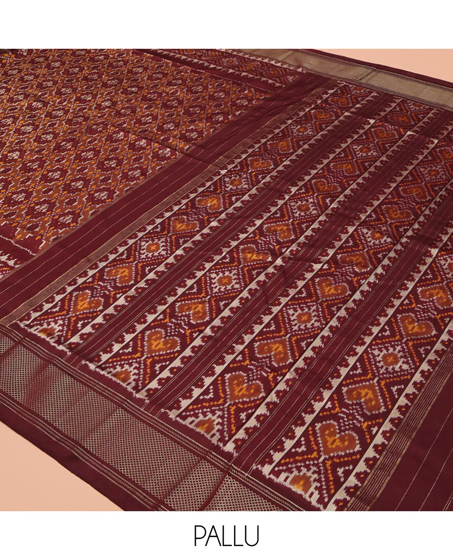 Brown Ikkat Silk Saree, Elevated with Ikkat Checks All Over Its Body, Subtle Border of Jaal Designs, Pallu of Geometric Designs, and Paired with a Matching Blouse - Image 5