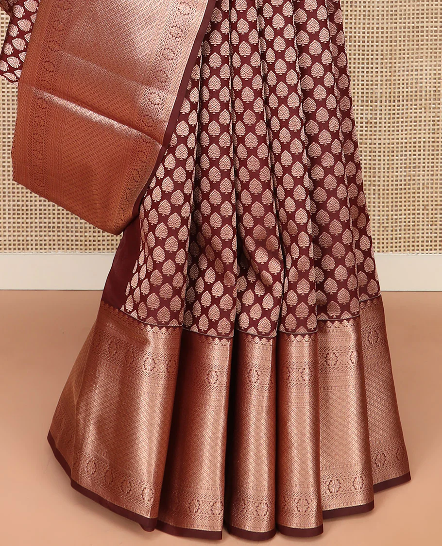 Brown Kanchipuram Silk Saree Enlivened with Zari Buttas, Complemented by Zari Border of Kathir, Neli, Kamalam, Chakram,  Manga, and Mayil Kann Designs, Pallu Decked Up with Mayil Kann Designs, and Paired with a Matching Blouse - Image 4