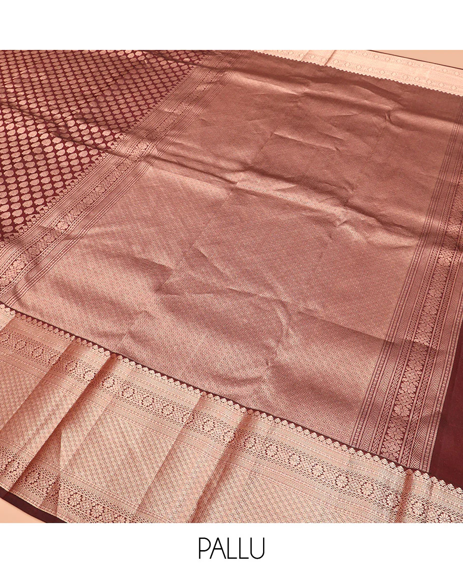 Brown Kanchipuram Silk Saree Enlivened with Zari Buttas, Complemented by Zari Border of Kathir, Neli, Kamalam, Chakram,  Manga, and Mayil Kann Designs, Pallu Decked Up with Mayil Kann Designs, and Paired with a Matching Blouse - Image 5