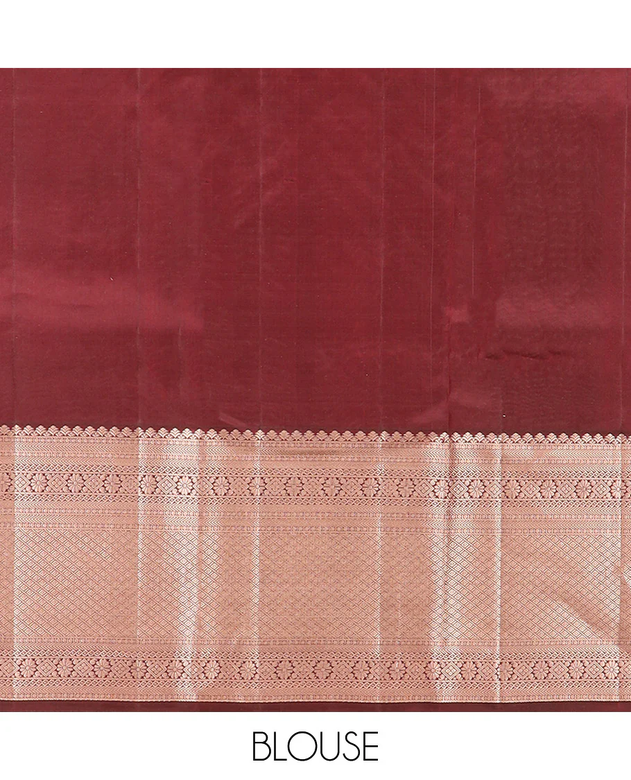 Brown Kanchipuram Silk Saree Enlivened with Zari Buttas, Complemented by Zari Border of Kathir, Neli, Kamalam, Chakram,  Manga, and Mayil Kann Designs, Pallu Decked Up with Mayil Kann Designs, and Paired with a Matching Blouse - Image 6