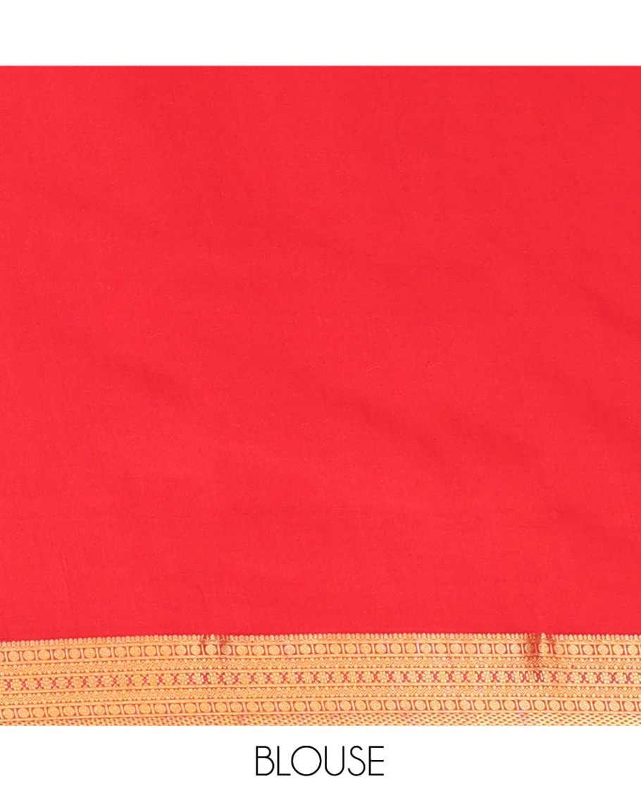 Brown Mysore Silk Saree, Spotlighted By Geometric Zari Designs All Over Its Body, Complemented by Captivating Contrast Border of Traditional Zari Designs, Gleaming Zari Striped Pallu, and Paired with a Contrast Blouse - Image 5