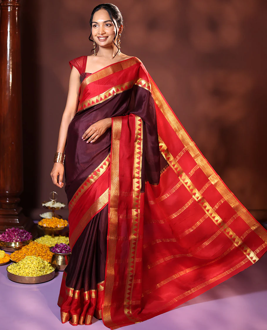 Brown Plain Mysore Silk Saree, Complemented by Captivating Contrast Rettai Pettu Border Featuring Thazampoo Rekku, and Jaal Designs, Pallu Adorned with Zari Stripes, and Paired with a Contrast Blouse - Image 3