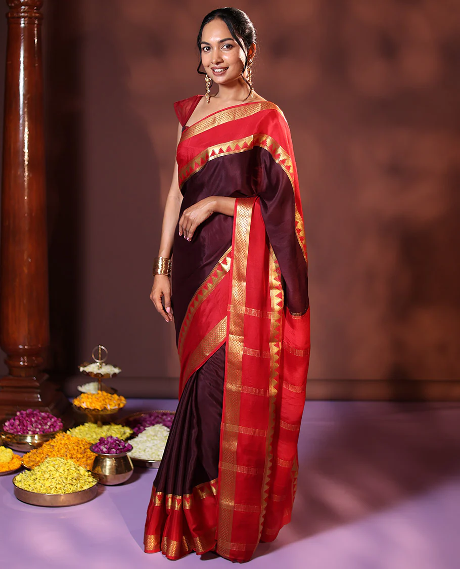 Brown Plain Mysore Silk Saree, Complemented by Captivating Contrast Rettai Pettu Border Featuring Thazampoo Rekku, and Jaal Designs, Pallu Adorned with Zari Stripes, and Paired with a Contrast Blouse - Image 4