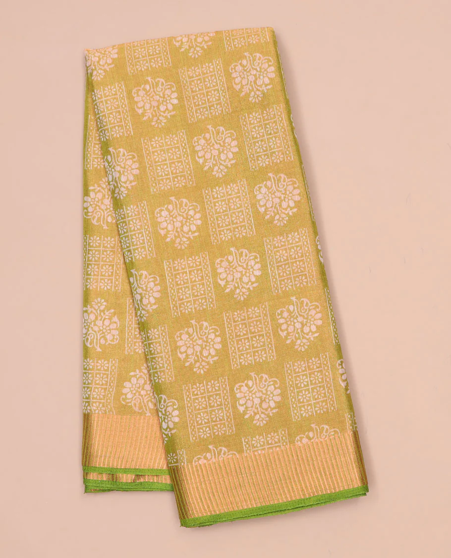 Brown unique printed semi-banaras tissue saree, contrast zari border & striped pallu - Image 10