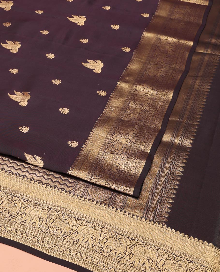 Brown Vasundhara Lite-Silk Mix Saree, Delicately Woven with Zari Buttas on Its Body, Highlighted by a Zari Border of Mayil Kann, Muthu, Yaanai, Kuthirai, and Lavangam Designs, Gracefully Embellished Pallu, and Paired with a Matching Blouse - Image 3