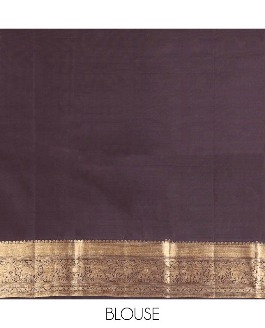 Brown Vasundhara Lite-Silk Mix Saree, Delicately Woven with Zari Buttas on Its Body, Highlighted by a Zari Border of Mayil Kann, Muthu, Yaanai, Kuthirai, and Lavangam Designs, Gracefully Embellished Pallu, and Paired with a Matching Blouse - Image 6
