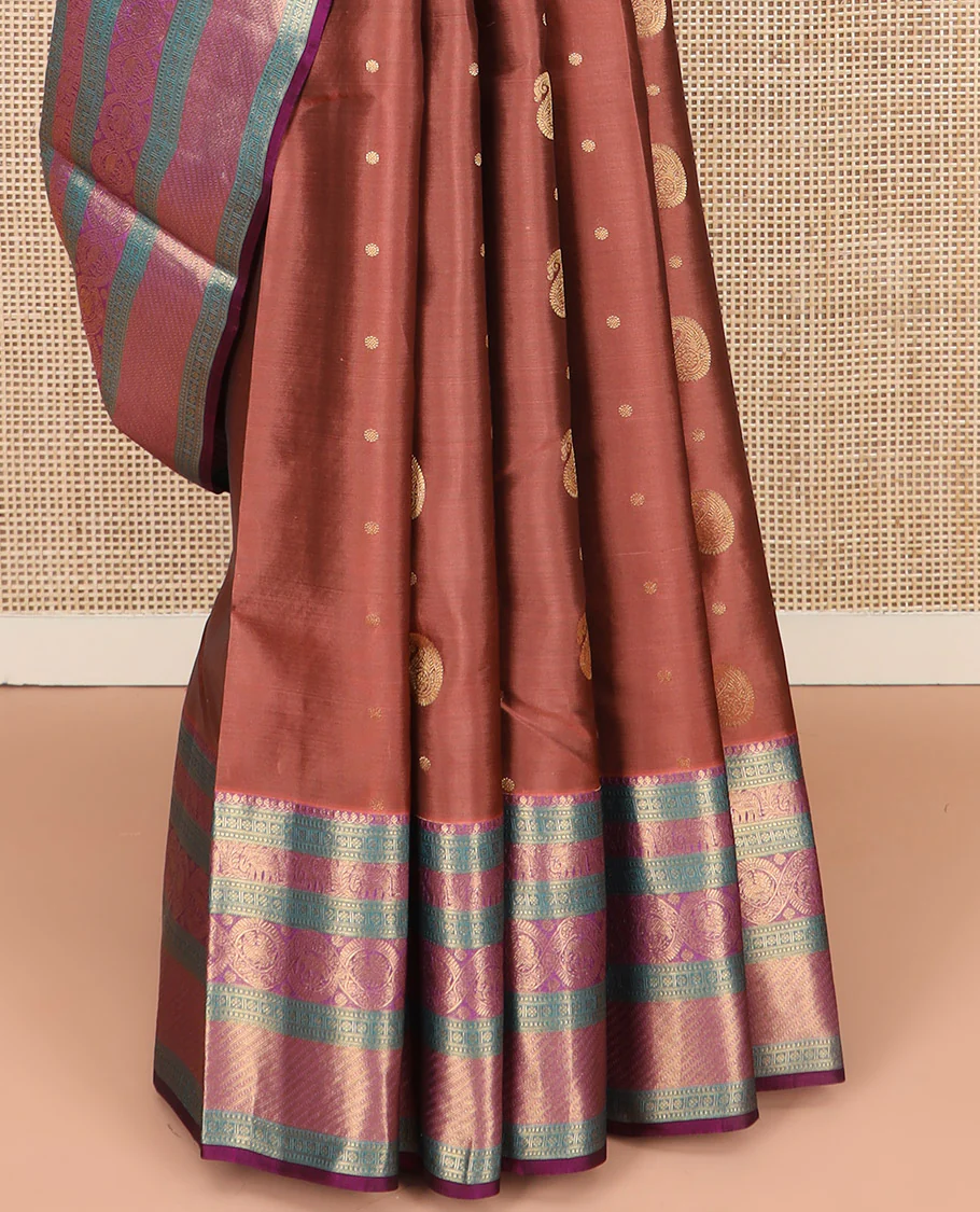 Brown Vasundhara Lite Silk Mix Saree, Elegantly Highlighted with Manga Buttas All Over Its Body, Complemented by Contrast Border of Thilakam Mokku, Kamalam, Yaanai, and Mayil Designs, Grandly Pallu of Diagonal Stripes, and Paired with a Contrast Blouse - Image 4