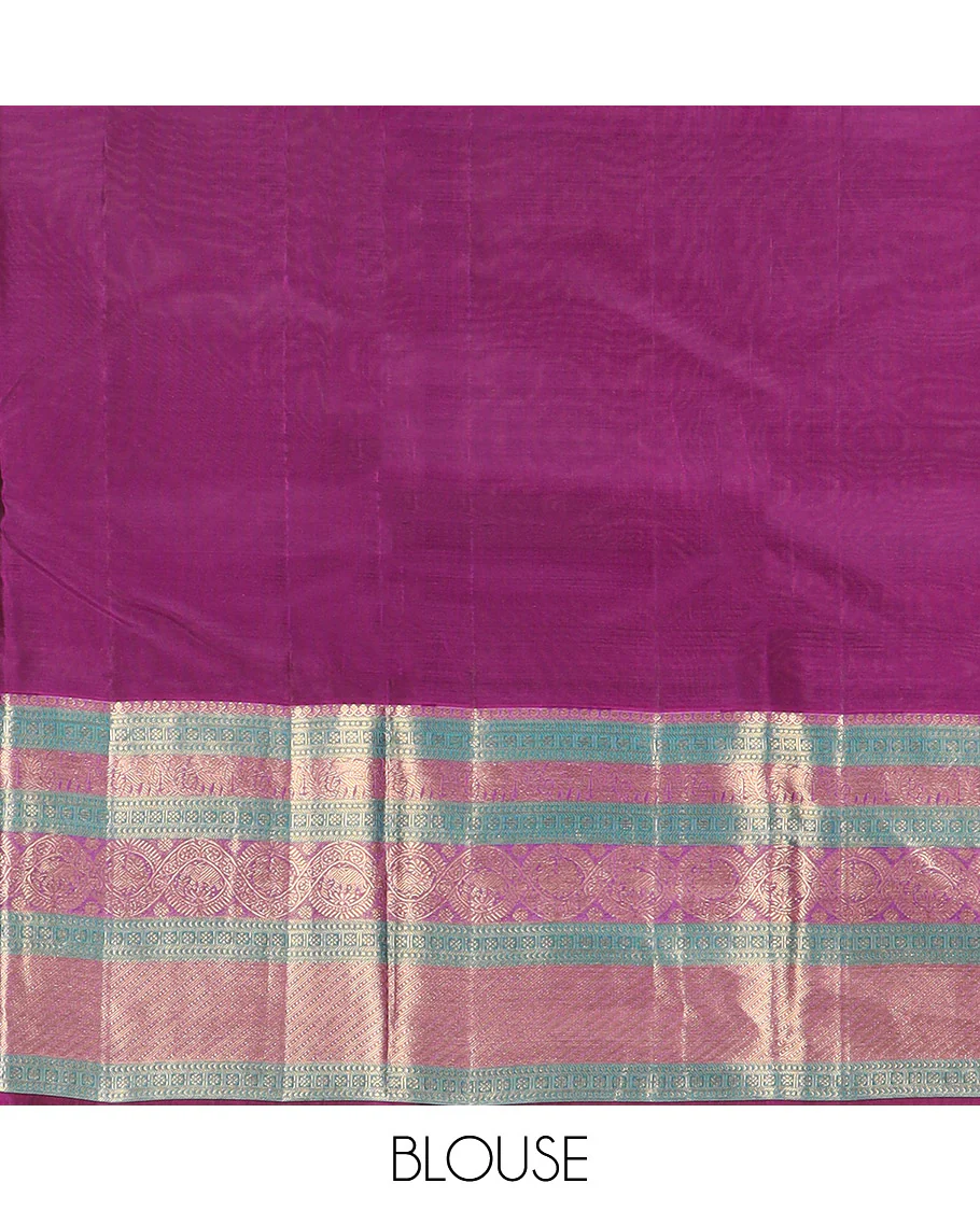 Brown Vasundhara Lite Silk Mix Saree, Elegantly Highlighted with Manga Buttas All Over Its Body, Complemented by Contrast Border of Thilakam Mokku, Kamalam, Yaanai, and Mayil Designs, Grandly Pallu of Diagonal Stripes, and Paired with a Contrast Blouse - Image 6