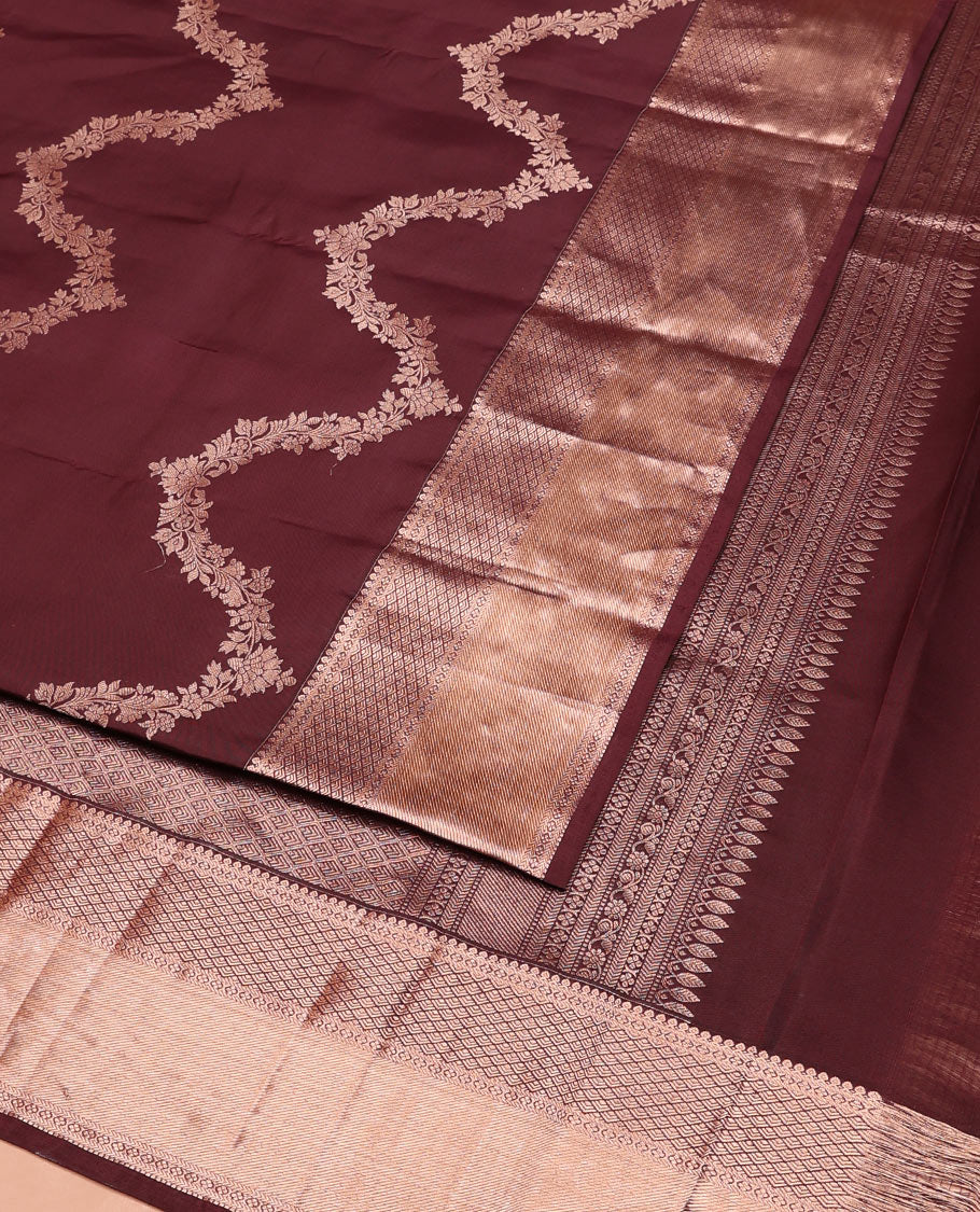 Brown Vasundhara Silk Saree Elegantly Sparkled with Floral Jaal Design All Over Its Body, Complemented by a Zari Border of Thilakam Mokku, Lavangam, Kathir, and Jaal Designs, Pallu Depicting Zari Jaal Designs, and Paired with a Matching Blouse - Image 3