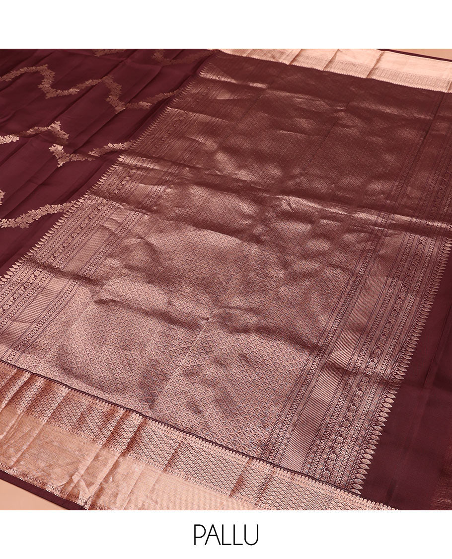 Brown Vasundhara Silk Saree Elegantly Sparkled with Floral Jaal Design All Over Its Body, Complemented by a Zari Border of Thilakam Mokku, Lavangam, Kathir, and Jaal Designs, Pallu Depicting Zari Jaal Designs, and Paired with a Matching Blouse - Image 5