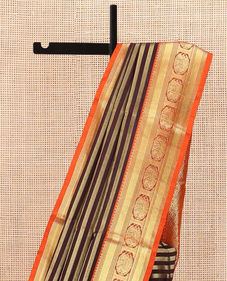Brown Venkatagiri Silk Saree, Bedecked with Zari Stripes All Over Its Body, Complemented by a Contrast Traditional Zari Border of Round Peacock Designs, Jaal Design Pallu, and Paired with a Contrast Blouse - Image 3