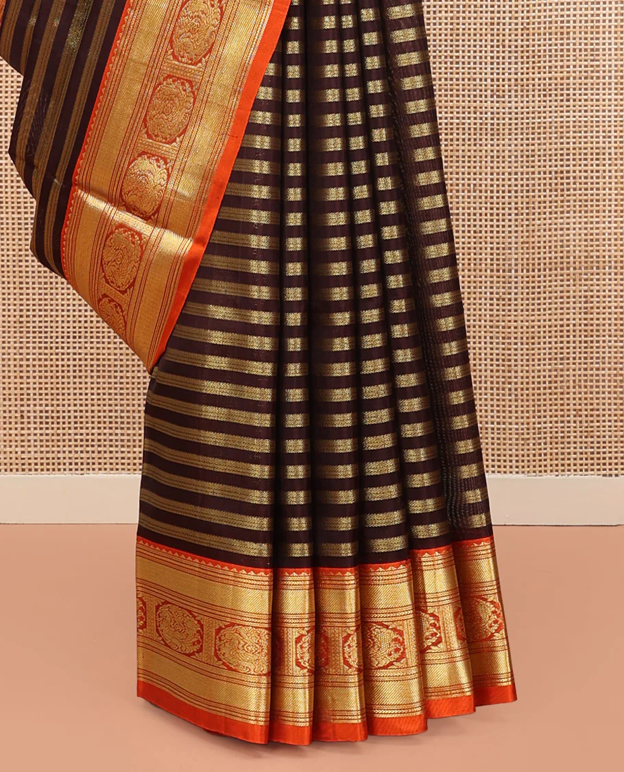 Brown Venkatagiri Silk Saree, Bedecked with Zari Stripes All Over Its Body, Complemented by a Contrast Traditional Zari Border of Round Peacock Designs, Jaal Design Pallu, and Paired with a Contrast Blouse - Image 4